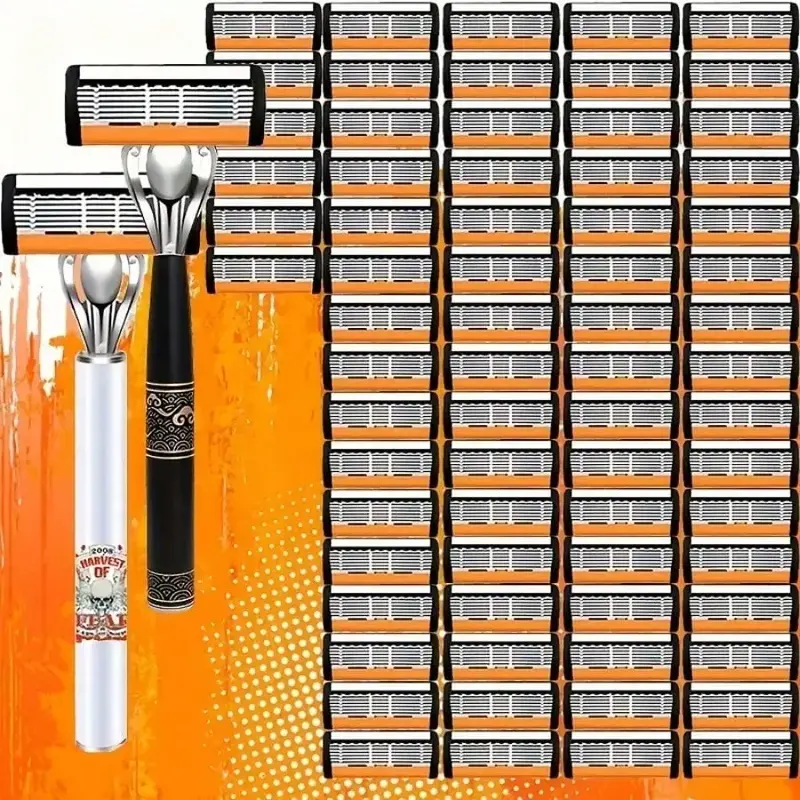 Men's Manual Shaver Straight Razor Kit - 72 Stainless Steel Single Blades, 2 Handles, Barber-Focused Daily Refill Pack, Clean Shave, Long Lasting, Anti-Frizz, Smooth Shave, Straight Razors
