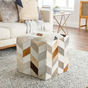 Surya Appalachian Modern Rustic Hair On Hide Ivory, Brown & Gray Patched Leather Pouf Ottoman POUF-242