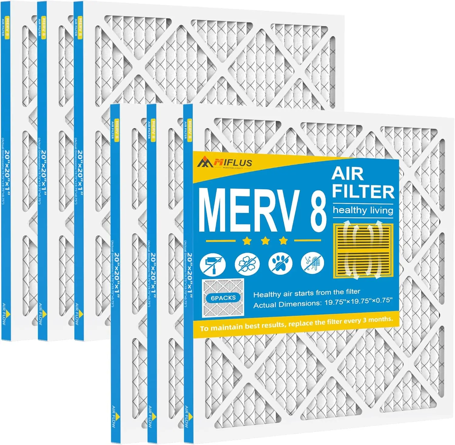 6-Pack M8 20x20x1 Furnace Filters, HVAC Replacement Air Filters for Residential Use, Dust Defense, Allergen Control