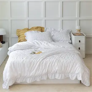 White Ruffled Bedding 3 Pieces Queen Seersucker Duvet Cover Textured Stripe Style Soft Lightweight Washed Microfiber with Zipper Closure and Ties