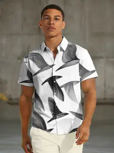 Men's Abstract Flying Bird Print Casual Short Sleeve Shirt, Slim-Fitting Asymmetrical Design, Summer Beach Button-Up Top