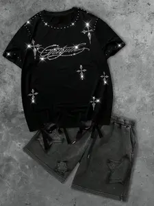 Summer New Rhinestone Cross Print Set, Short Sleeve T-Shirt + Star Washed Shorts Two-Piece Set, Street Style, Loose-Fitting, Spring & Fall