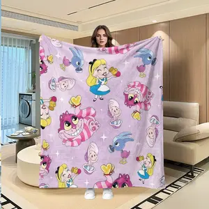 Alice in Wonderland Flannel Blanket, Cheshire Cat Cartoon Print, Multifunctional Warm Throw for Bedroom Living Room, Holiday Gift
