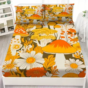 2/3pcs Vintage Style Yellow Orange Mushroom Flowers Daisy Pattern Sheet Set, Bedding Set Includes 1 Fitted Sheet And 1/2 Pillowcases, Pillow Inserts Not Included, Floral Sheets