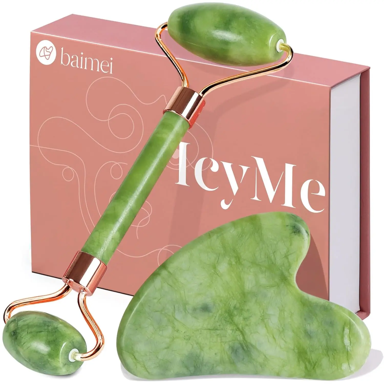 Icyme Gua Sha & Jade Roller Facial Tools Face Roller and Gua Sha Set for Puffiness and Redness Reducing Skin Care Routine, Self Care Gift for Men Women - Green Smooth