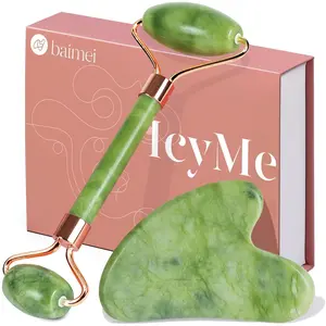 Icyme Gua Sha & Jade Roller Facial Tools Face Roller and Gua Sha Set for Puffiness and Redness Reducing Skin Care Routine, Self Care Gift for Men Women - Green Smooth