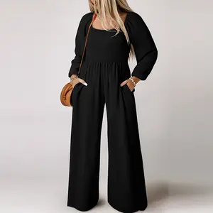 Women's Plain Ruched Shirred Pocket Wide Leg Jumpsuit, Casual Bishop Sleeve Square Neck Jumpsuit for Spring & Fall, Ladies Clothes for Daily Wear
