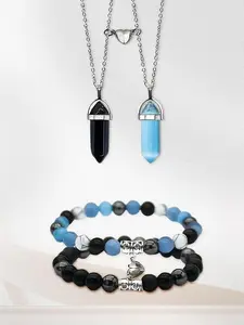 Natural Crystal Stone Bracelet & Necklace Pendant Jewelry Set, Couple Love Bracelet Hexagonal Column Necklace, Jewelry Gift for Lovers