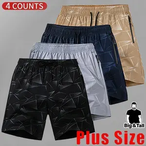 4-Pack Men's Geometric Print Plus Size Shorts | Big & Tall Athletic Bottoms Breathable fabric with geometric print, zipper pockets, and elastic waist. Designed for plus-size men, perfect for streetwear and sports.