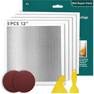 Drywall Repair Kit 12 x 12 Inch Drywall Patch Kit Large Hole (5Pcs) Wall Patch Repair Kit for Wall Ceiling Large Holes Heavy Duty Extended Self-Adhesive Mesh Dry Wall Patch Kits with Scraper Sandpaper