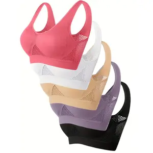 5pcs Women's Plus Size Sports Bra - Solid Color, No Steel Ring, Chest Pad, Mesh Hole, Breathable, High Stretch - For Active Women - Suitable for Yoga, Running & Fitness - Great Gift for Workout Enthusiasts