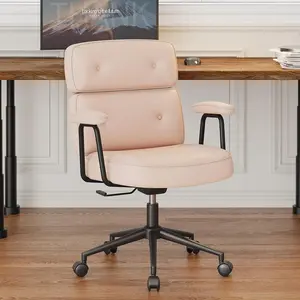 Ergonomic PU Leather Office Chair with Lumbar Support & Recline, Adjustable Height Swivel Desk Chair with Removable Armrests, Rolling Computer Chair, Black/Beige/Brown/Pink
