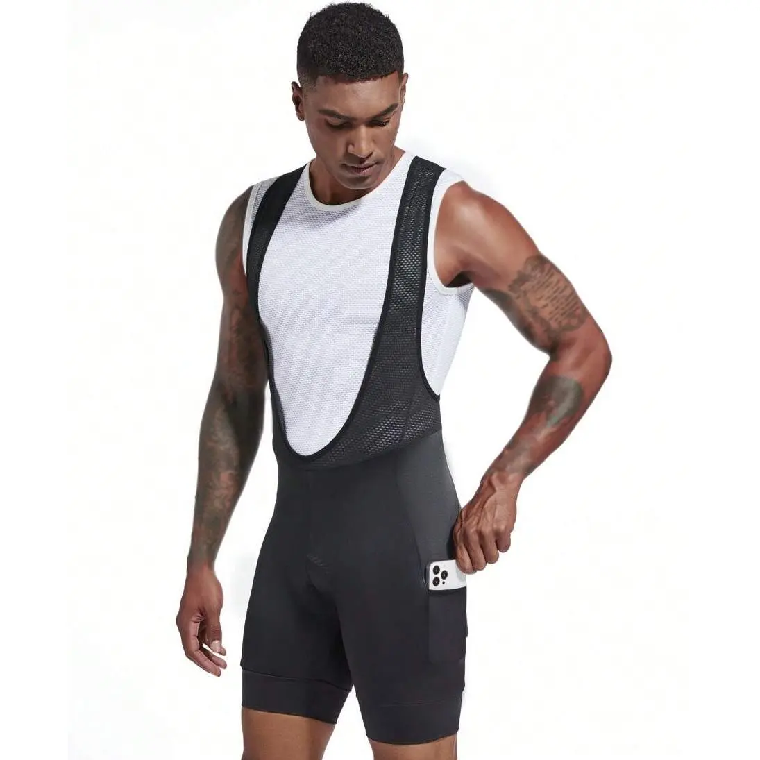 Men's 4D Padded Road Cycling Bib Shorts - Polyester Blend, Built-in Pockets, UPF50+, Elastic Waist, Medium Stretch, Zipper Fly, Black Activewear Clothing for Athletic Training, Elastic Waist Shorts, Bermuda Shorts