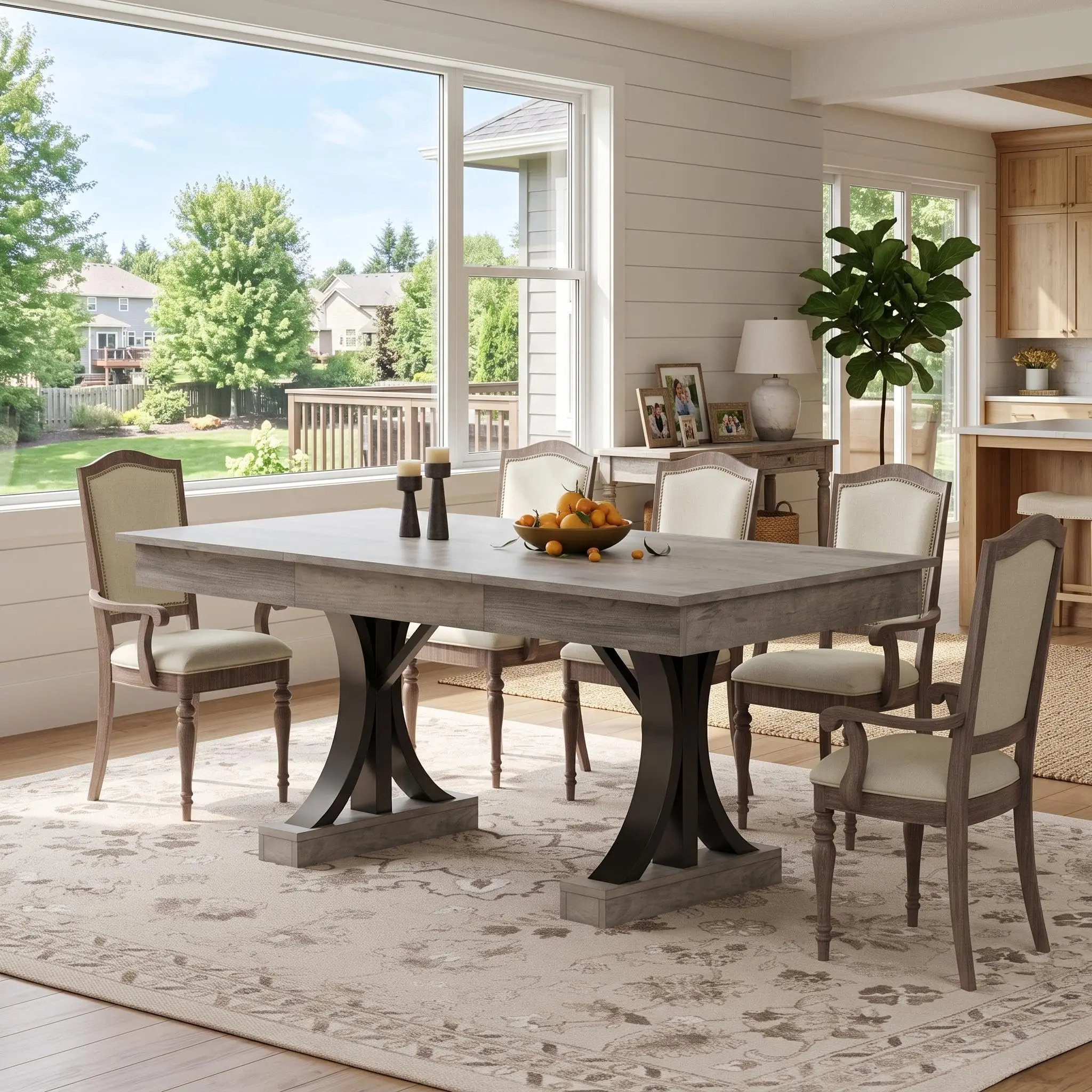 Garvee 71-in Rectangular Wooden Dining Table - Rectangular Shape, Large Tabletop, 2 Drawers, Double Pedestal Frame, Seats 6-8, Elegant Gray Finish, Ideal for Dining Room, Kitchen