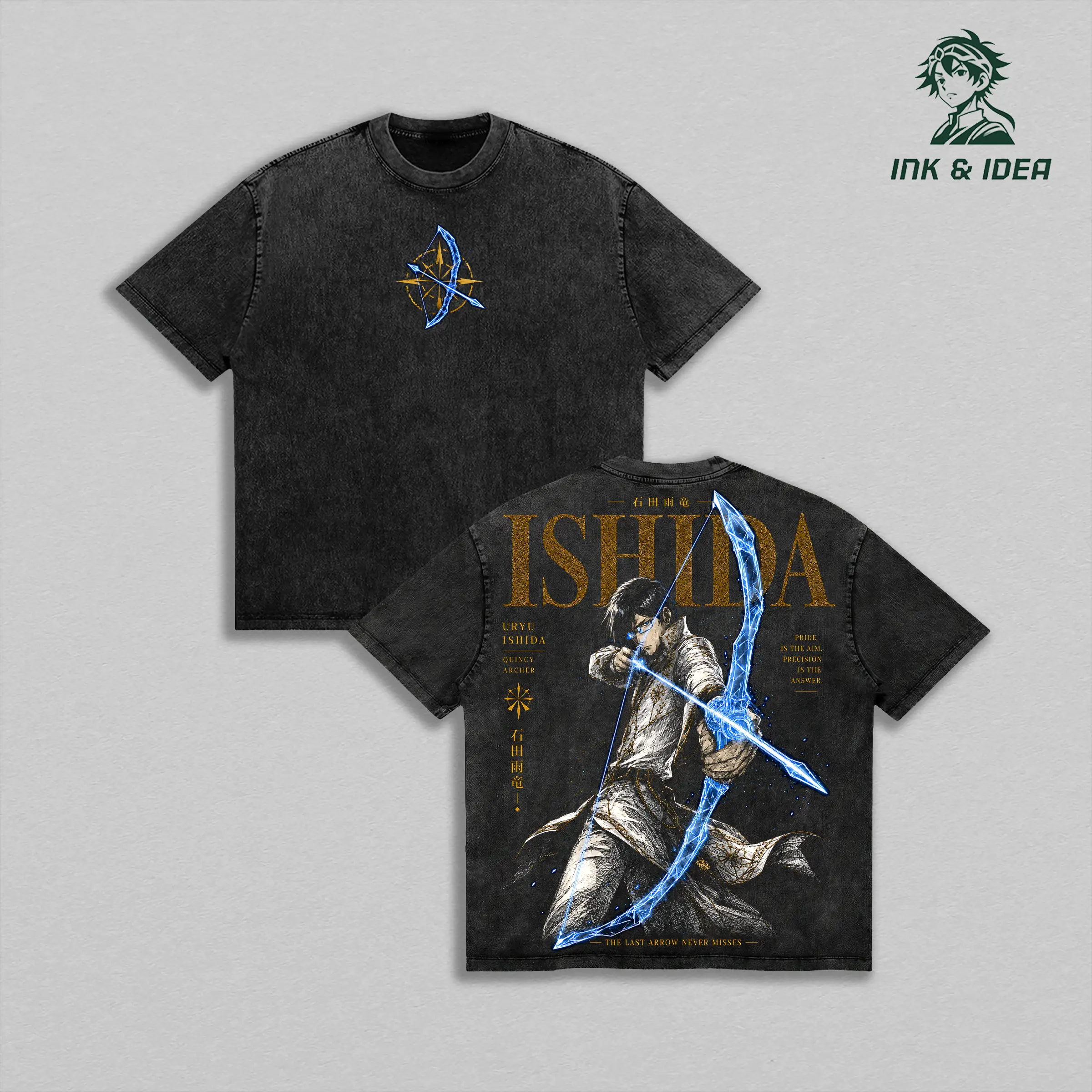 Uryu Ishida Bleach Vintage Washed Heavyweight Cotton T-Shirt, Quincy Archer Spirit Bow Anime Graphic Tee, Double Sided Oversized Streetwear Shirt, Thousand-Year Blood War Manga Unisex Apparel, Retro Anime Fan Gift