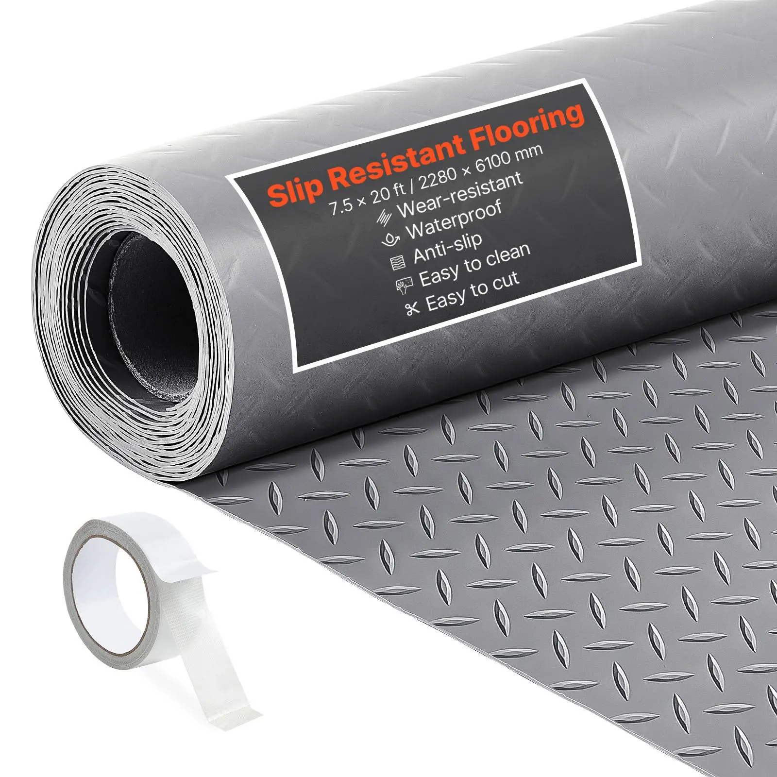 【SummerFinds】VEVOR Garage Floor Roll, 7.5 x 20 ft Garage Flooring Mat, 2.2 mm Thickened PVC Diamond Plate Floor Protector Mat with Double-sided Tape, Non-Slip, Easy to Clean for Warehouse, Gyms,Silver Gray