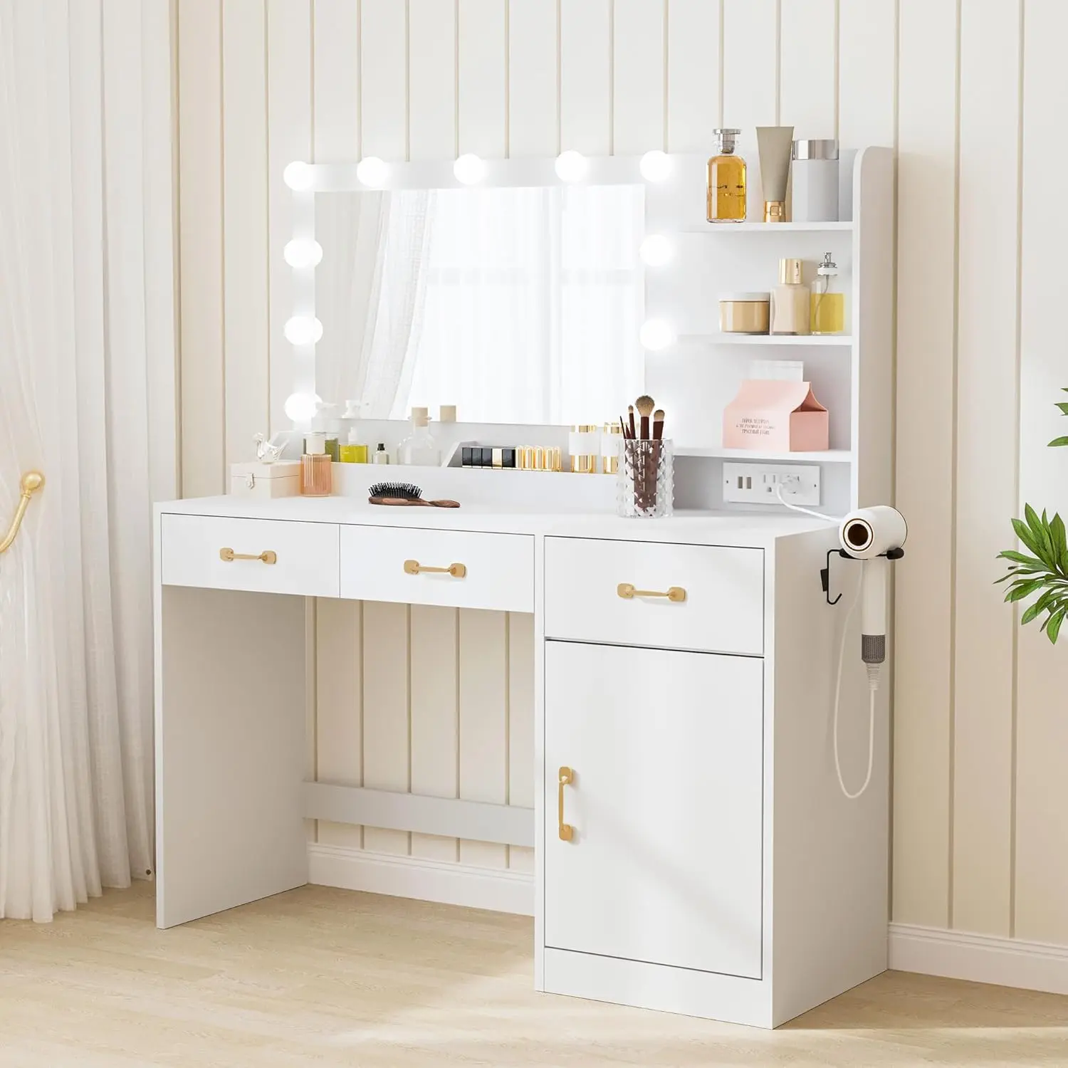 White Stand-Alone Full-Size Makeup Vanity Table with Mirror, High-Brightness LED Bulbs, Power Outlet, 3 Drawers and Storage Shelves – Multi-Spectrum Dressing Desk for Bedroom, Dressing Room, Full-Size Makeup Vanities, High-Brightness Makeup Vanities