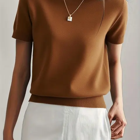 Women's Solid Color Round Neck Short Sleeve Sweater, Casual College Style Basic Slim-Fit Knit Top for All-Season, Knitwear for Daily Wear