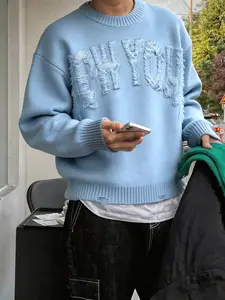 Light Blue Letter Knit Sweater for Men, American Street Style, Loose Fit, Vintage Round Neck, Fall Winter Top, Casual Wear
