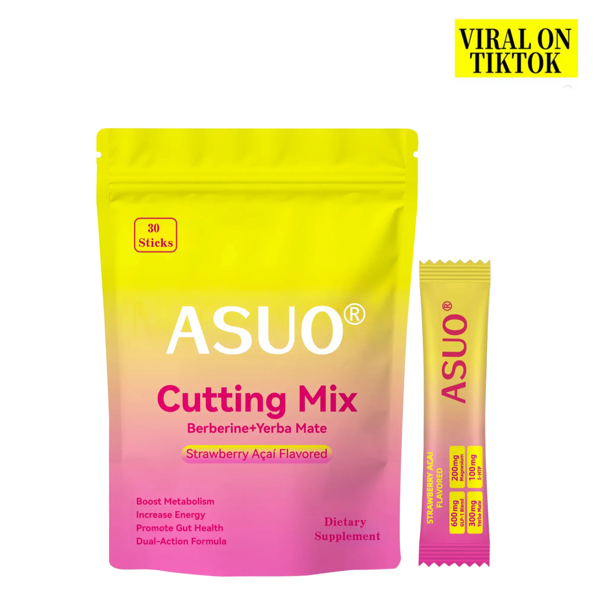 ASUO Strawberry Acai Cutting Mix Drink Supplement -Berberine + Yerba Mate, 30 Sticks, for Gym Goals,Metabolism & Energy Support, Carbohydrate Fitness Dietary Optimum Health Aid