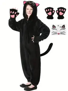 Black cat onesie pajamas, warm soft pajamas with gloves and cat stickers, perfect for Halloween, cosplay, dress up, role play, costume parties, themed events, winter home wear