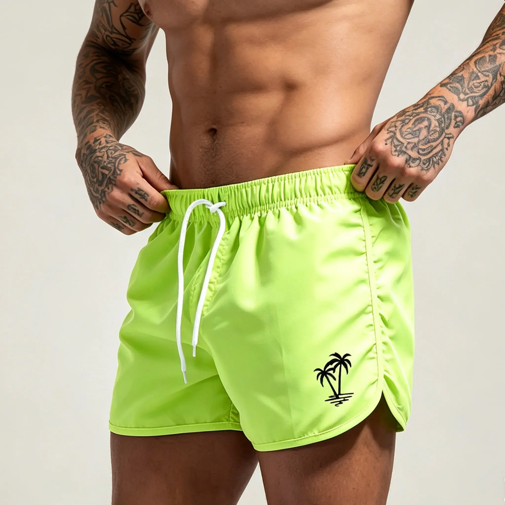 Men's beach pants, casual quick-drying shorts Neon Green Coconut Tree Print Drawstring Swim Trunks Running Sports Shorts-H2