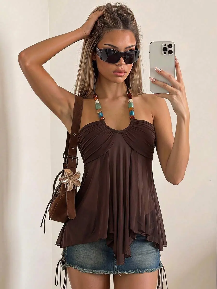 Y2k Sexy Halter Western Boho Vintage Dark Brown Country Concert Night Out Vacation Babydoll Flowy Women's Beaded Tie-Up Ruched Fashion Tank Top Summer