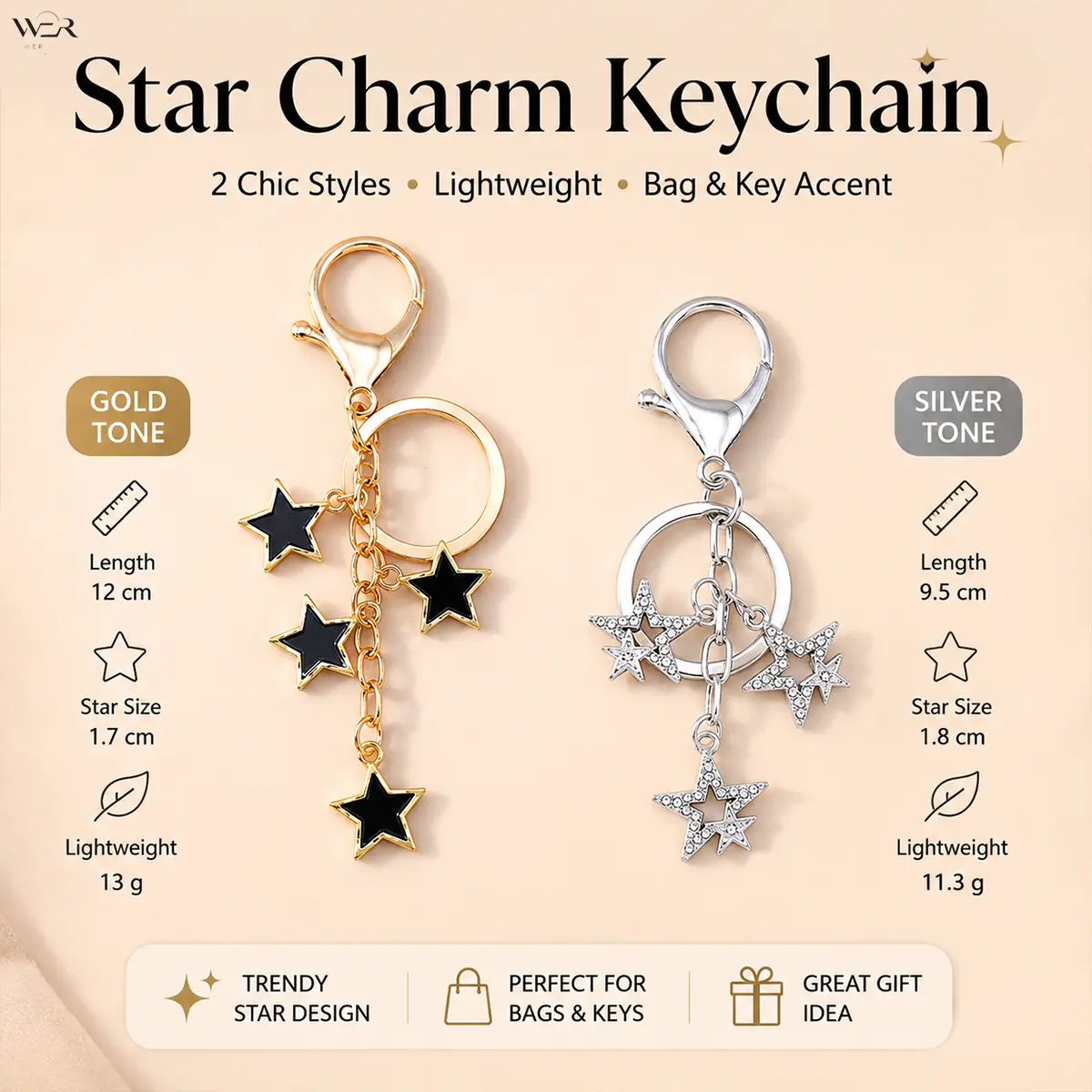 Women's Crystal Star Keychain - Cosmic Style, Dainty, Elegant Sparkly Gold-Silver Tone, Casual Feminine Look, 9.5—12 Cm Lightweight Fashion Costume Jewelry Accessory, Ideal Gift, Cosmic Style Keychains