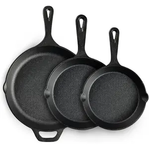 Cast Iron Skillet 3-Piece Set, Heavy-Duty Restaurant Chef Quality Pre-Seasoned Pan Cookware Set, 6", 8", 10" Pans For Frying, Saute, Cooking, Use Indoor/Outdoor, Oven, Grill
