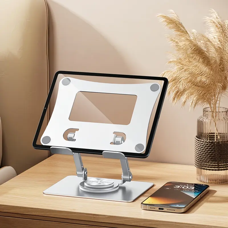 Portable Metal Tablet Stand - Folding, Adjustable Height Desktop Bracket with 360° Rotation, Durable Lightweight for 4.7-12.9" Devices, Home Electronics Accessory
