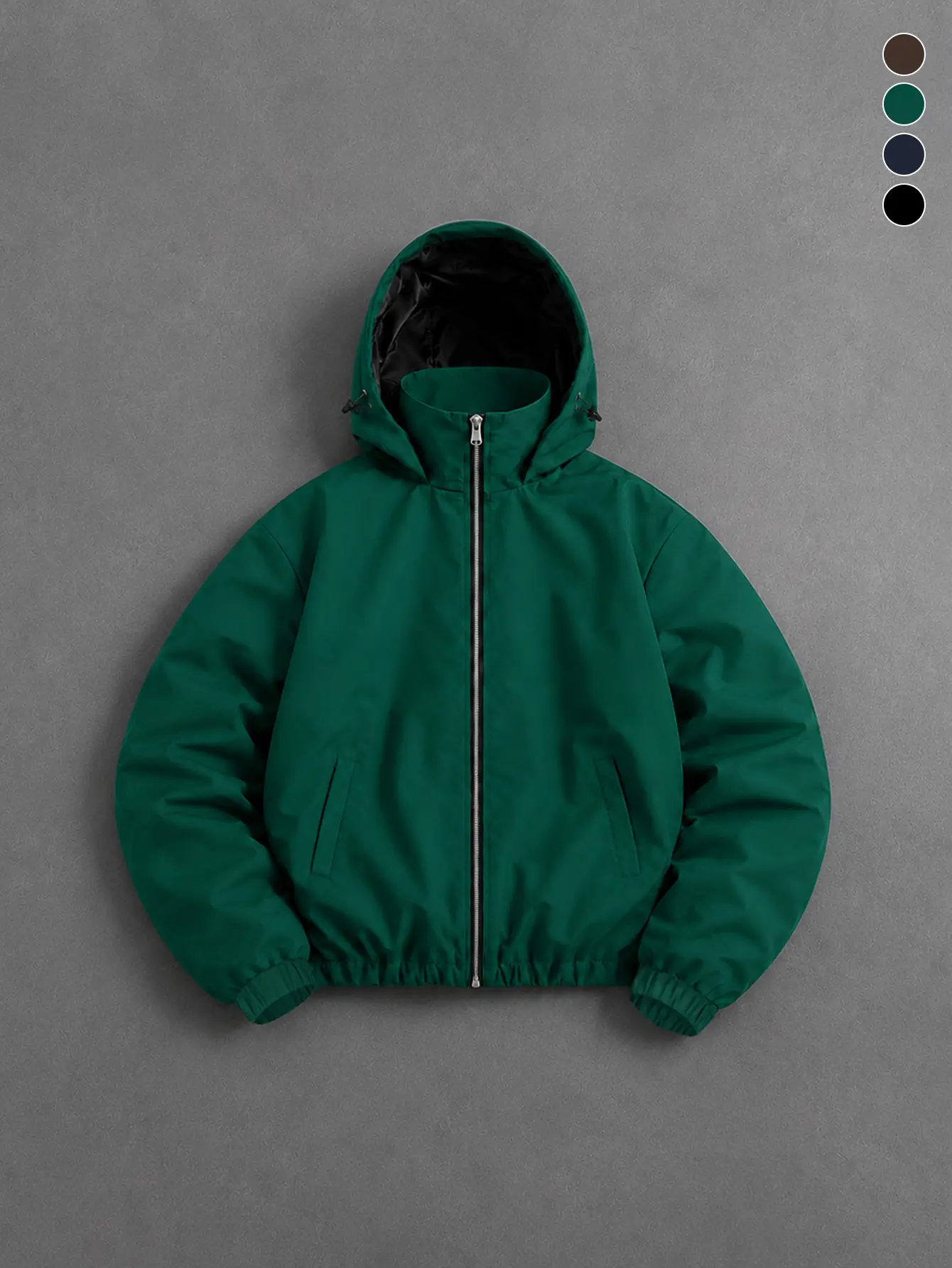 Men’s street-style solid green hooded windbreaker jacket, clean minimalist silhouette, woven texture, tear-resistant fabric, suitable for workouts and outings, and casual mall browsing.