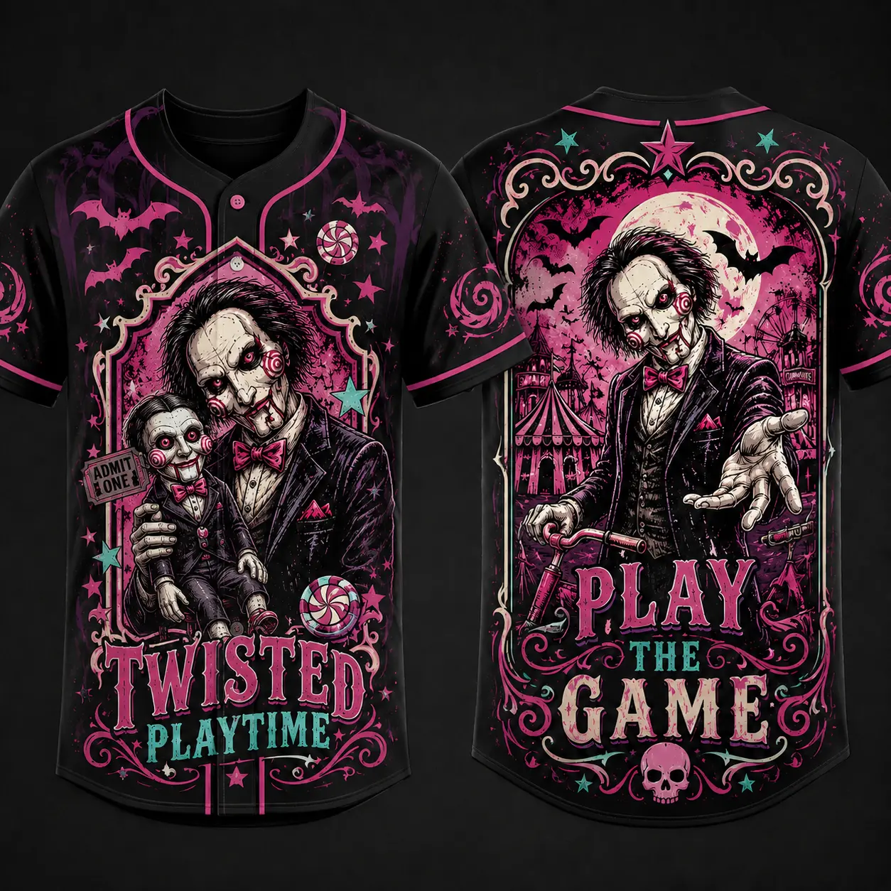 Play the Game Haunted Puppet Full-Button Baseball Jersey, Gothic Pink Halloween Carnival Shirt, Twisted Fairground Unisex Apparel