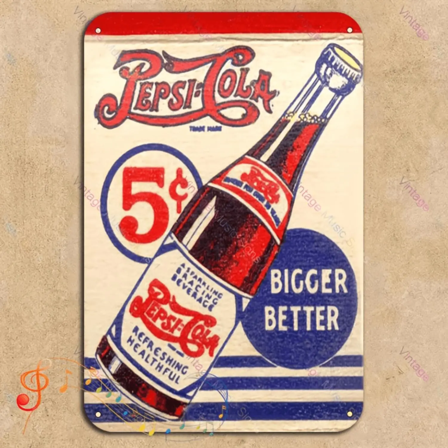 Vintage Metal Wall Art Sign in 2D Flat Style One Piece 20.07X29Cm Retro Pepsi Cola Bottle Design Featuring 5¢ and Bigger Text Weather Resistant Pre Drilled for Easy Installation Ideal for Home Bar Cafe Office or Store Decor Metal Wall Art Decor
