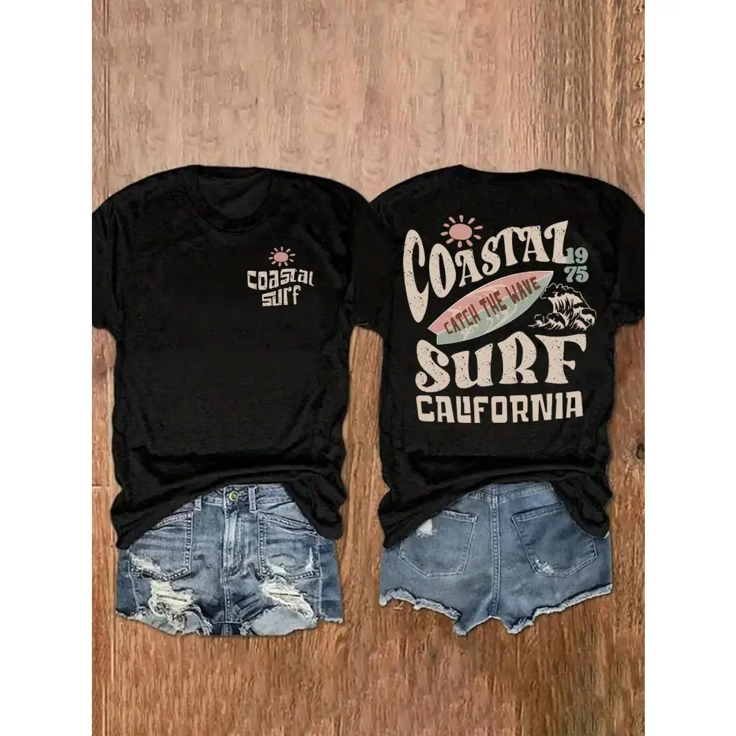 Men's Graphic T-Shirt, Vintage California Surf Back Print, Breathable Cotton Blend, Relaxed Fit Shortsleeve Round Neck, Fabric
