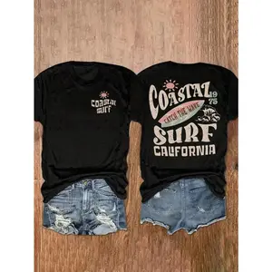 Mens Coastal Surf California Graphic Tee Vintage Wave Sunset Surfboard Back Print Short Sleeve Crewneck Summer Beach Vacation Streetwear Shirt