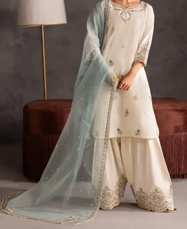Refined Embroidered 3-Piece Cotton Suit | Women's Comfortable Shirt, Straight Trouser, and Blue Organza Shawl, Accessories, Embroidery, Special Clothing, Long Sleeve, Side Slits