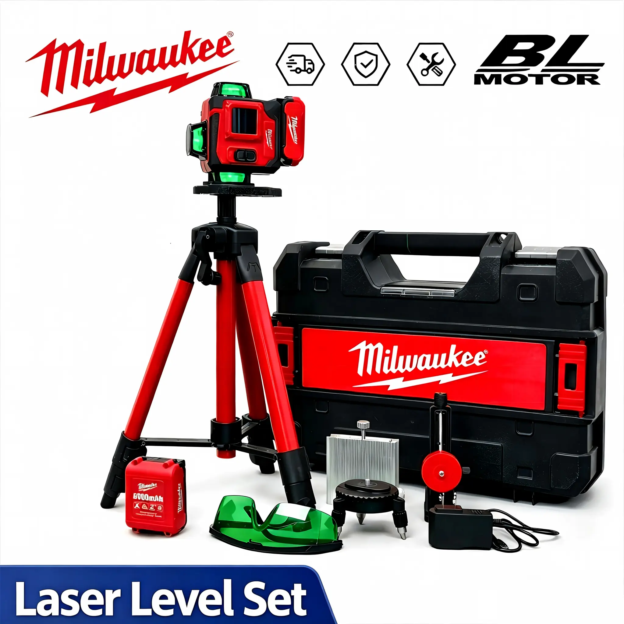 Milwaukee Laser Level Set with 360 Degree Cross Line Projector, Adjustable Tripod, and Carrying Case for Drywall Framing and Floor Tiling Projects. kit renovation green
