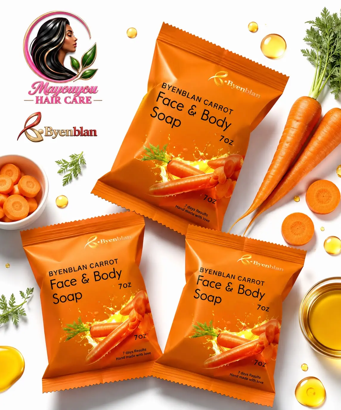 Mayouyou 3-Piece Byenblan Carrot Face and Body Soap Set, Natural Cleansing Soap for Bath & Shower (Beauty & Personal Care)