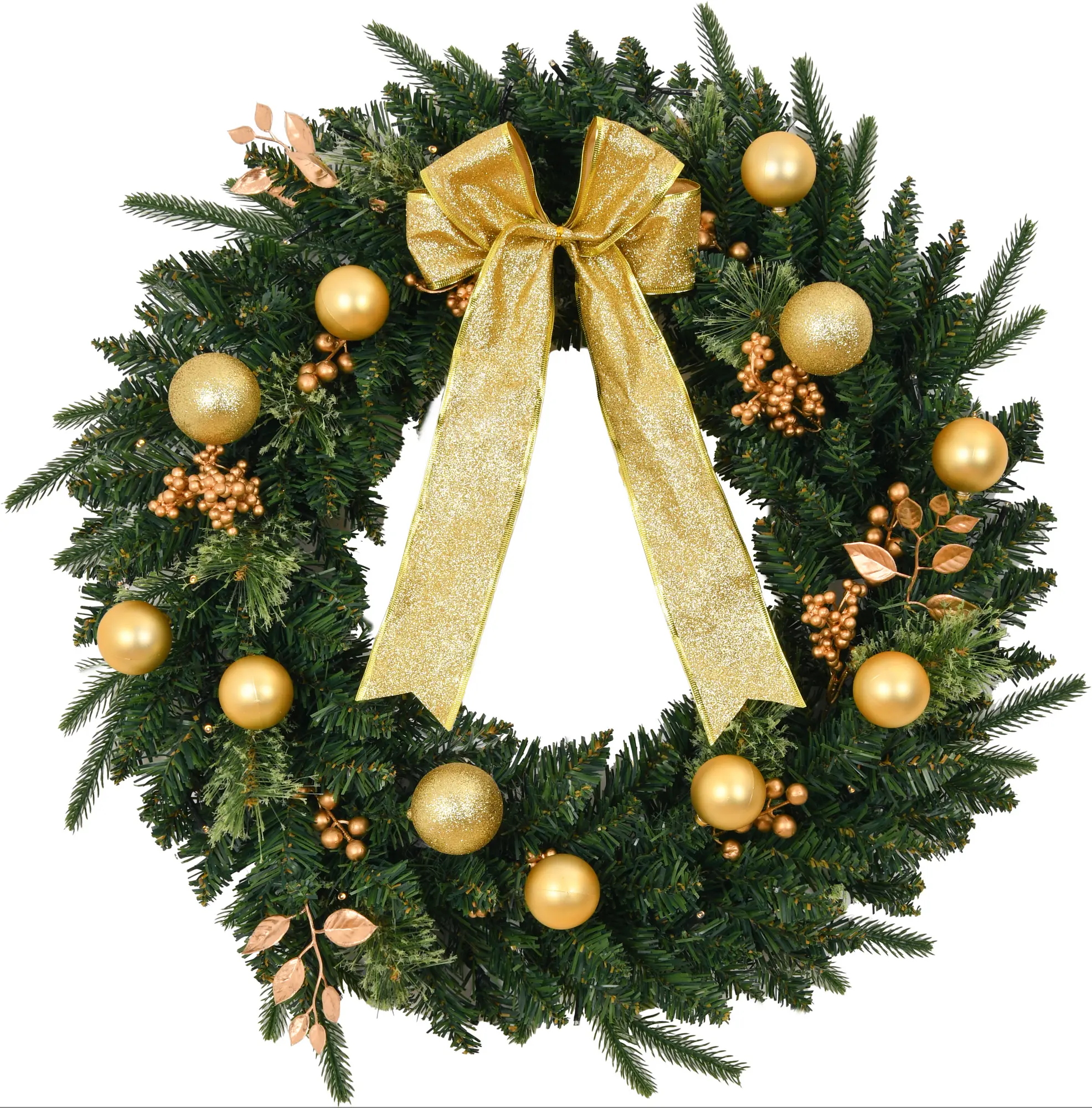 Ubesgoo 24in Green PVC Christmas Wreath, 50 Warm Lights, 8 Lighting Modes, Battery Box & Remote Control, 120 Branches, with Bowknot, Golden Ornaments & Pinecones
