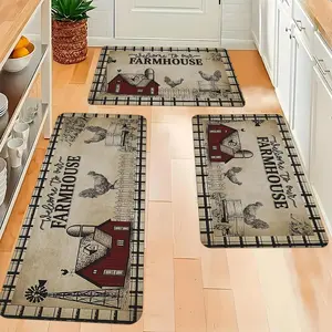 2/3pcs Vintage Farmhouse Rooster Kitchen Mat Set - Rustic Red Barn & Wheat Design. Machine Washable Polyester Rugs. Country Style Floor Decor for Kitchen, Bathroom, Entryway