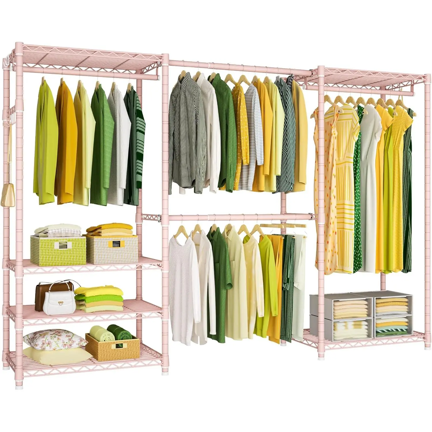 Ulif E1 Heavy Duty Closet Garment Rack, 6 Tiers Adjustable Metal Freestanding Expandable Clothing Storage with 4 Hanger Rods, Easy to Assemble Wardrobe, 71.4" H x (70" - 88.2") L x 14" D, Pink Organiser Hanging Hangable