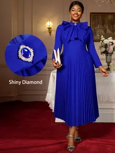 Elegant Blue Rhinestone Bow Long Sleeve Ruffle Dress, Plus Size Women's Fashion Party Gown, Stylish A-Line Midi Dress