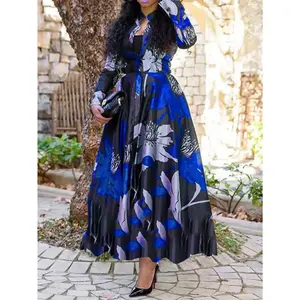 Plus Size Women's Floral Print Long Sleeve Button Dress - Elegant High Waist, Flowy A-Line Skirt, Vibrant Purple and Black Design, Suitable for Parties and Casual Outings, Cute Dress