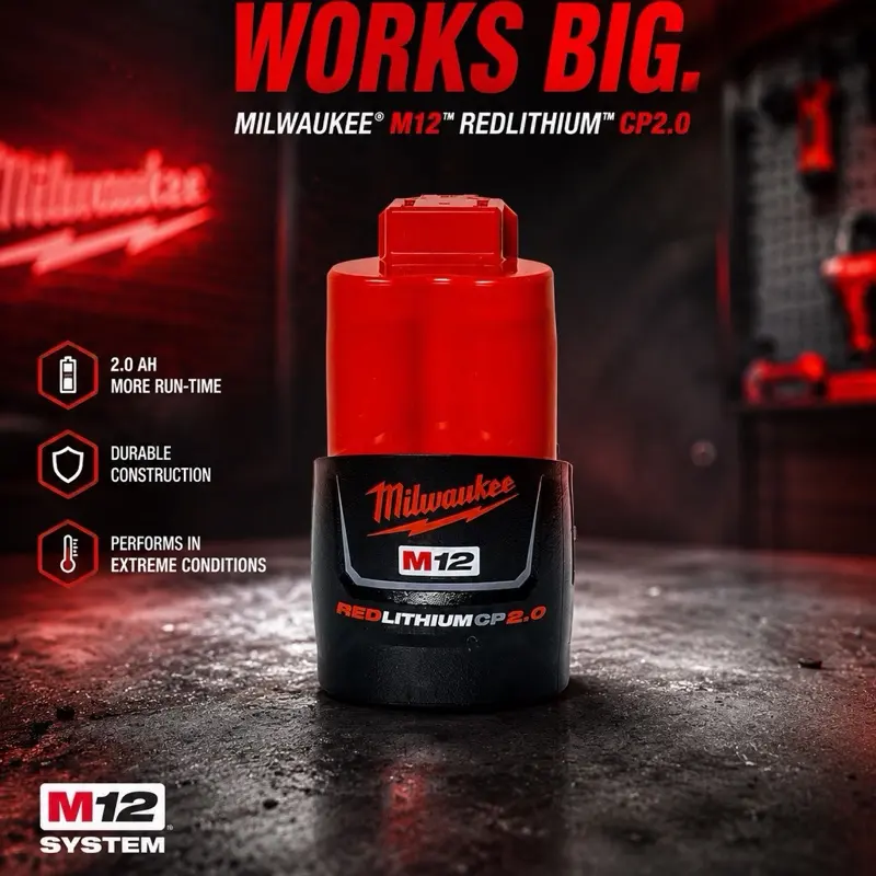 Milwaukee M12 2.0 Ah Lithium-Ion Rechargeable Power Tool Battery Milwaukee M12 2.0 Ah Lithium-Ion Rechargeable Power Tool Battery
