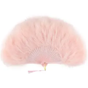 Feather Fan 20s vintage folding fan flapper hand fan for costume dancing show Tea Party wedding decoration (pink-pink rib)