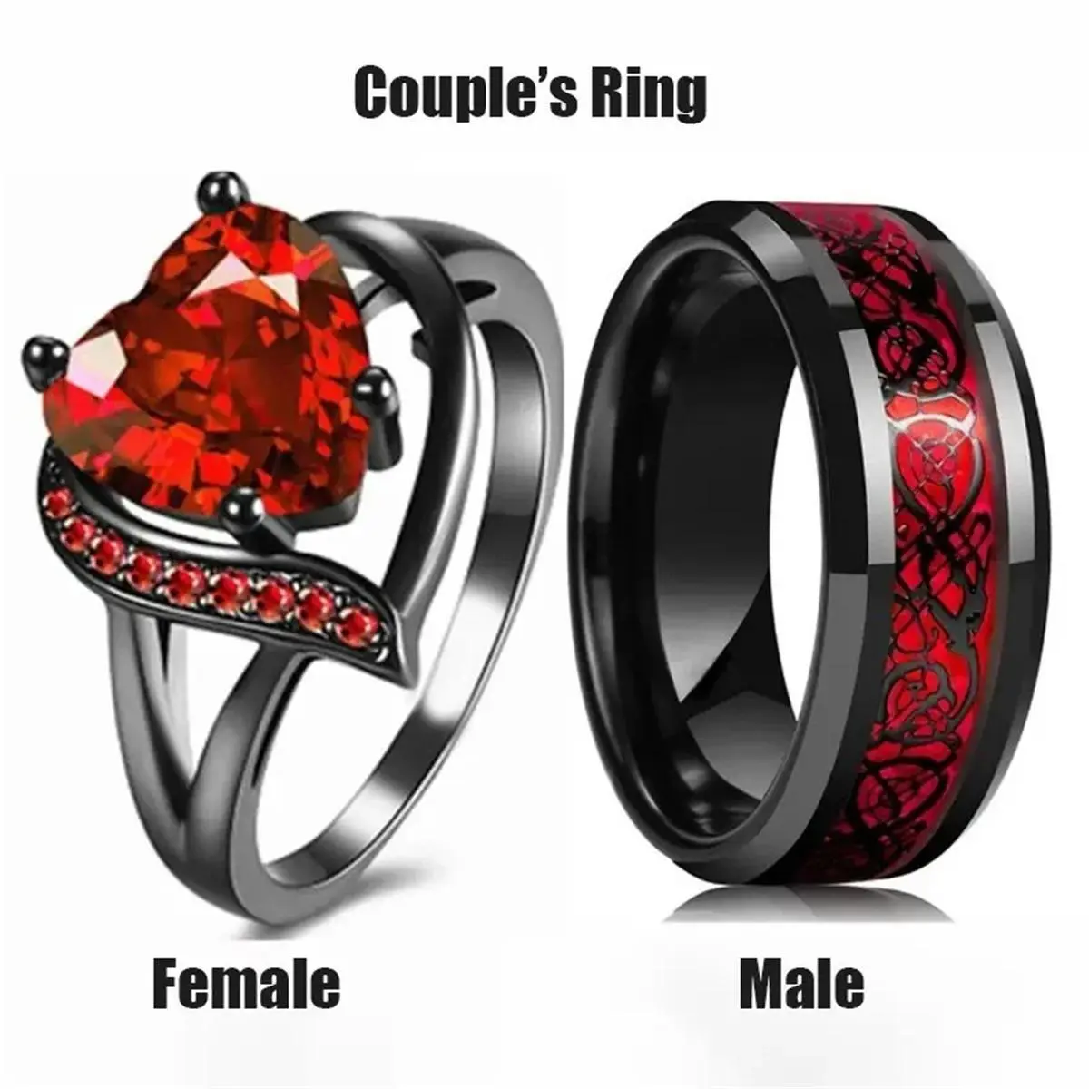 Unisex Couple Crystal Rings (1 Pair) - Black-Toned Stylish Matching Set, Female Heart-Shaped Zircon Ring, Male Celtic Pattern Metal Coating Band, Romantic Casual Wear Gift for Engagement or Anniversary