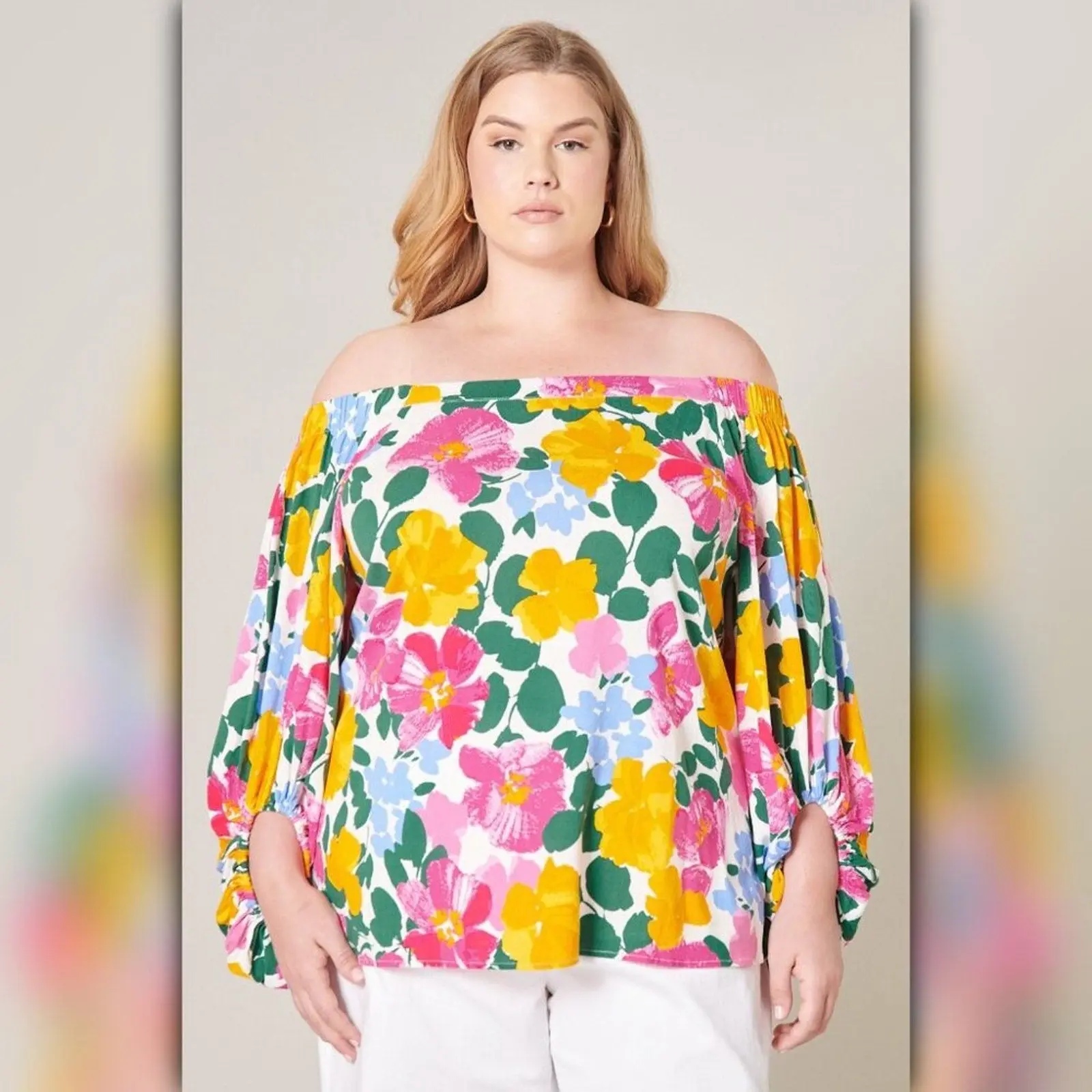 Women's A161 Stretchy Elastic Spandex Off-Shoulder Drape Blouse - Kokomo Tropical Floral, Fit Casual Chic Comfortable Everyday Top for Skirt Pairing, Lightweight, Elegant, Soft, Feminine, Colorful, Breathable, Cute, Ootd Idea Shirt