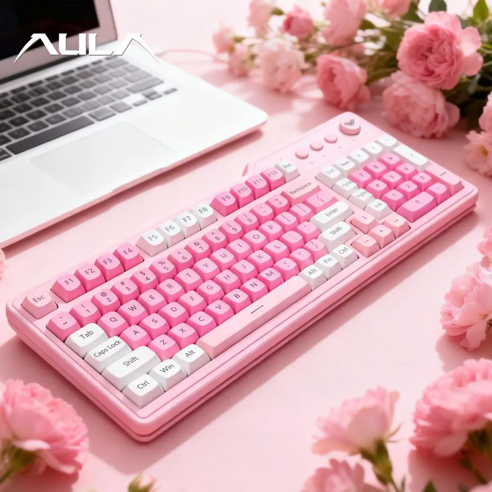 AULA F3099 three-mode wireless keyboard, Tri Mode Keyboard, Multifunctional keyboard, 99 keys, RGB lighting effect, RGB Backlight Keyboard, multi-function knob, light tone film design, compatible with Windows/Mac/iOS system, computers and mobile phones