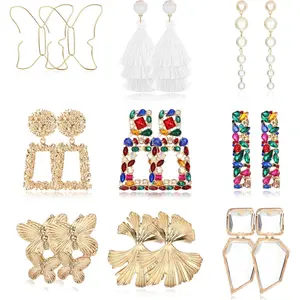 Sanfenly 9Pairs Rhinestone Rectangle Dangle Earrings Glass Geometric Statement Drop Earrings Pearls Earrings Vintage Bohemian Layered Tassel Earrings Gold Big Butterfly Earrings for Women