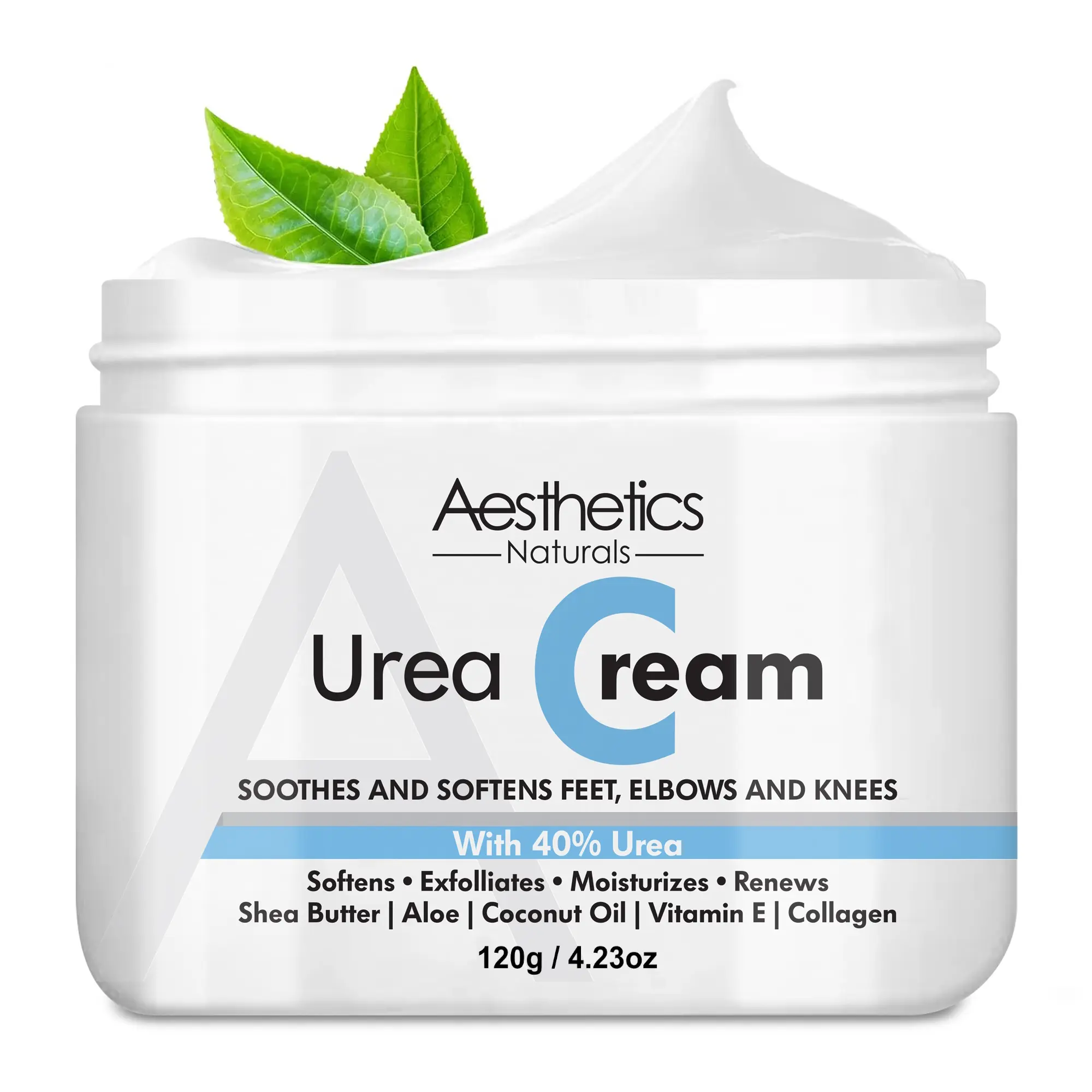 Aesthetics Naturals 40% Urea Moisturizer Cream - Single Item for Feet, Elbows, Knees, Gentle Calming Daily Lotion for Sensitive, Rough Dry Skin (Hydrating, Exfoliating)